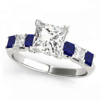 Princess Moissanite Blue Sapphires & Diamonds Engagement Ring 14k White Gold (2.10ct)