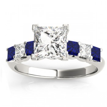 Princess Diamond & Blue Sapphire Engagement Ring 18k White Gold 0.60ct