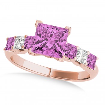 Sidestone Princess Pink Sapphire & Diamond Engagement Ring 14k Rose Gold (2.10ct)