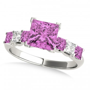 Sidestone Princess Pink Sapphire & Diamond Engagement Ring 18k White Gold (1.60ct)