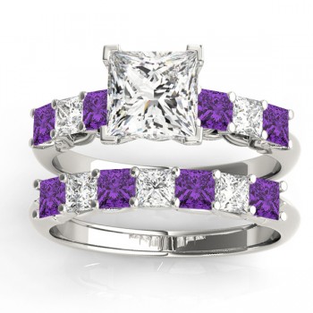 Princess cut Diamond & Amethyst Bridal Set 14k White Gold 1.30ct