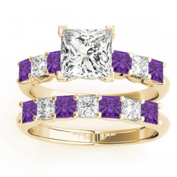 Princess cut Diamond & Amethyst Bridal Set 14k Yellow Gold 1.30ct