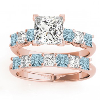 Princess cut Diamond & Aquamarine Bridal Set 14k Rose Gold 1.30ct