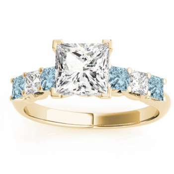 Princess cut Diamond & Aquamarine Bridal Set 14k Yellow Gold 1.30ct