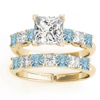 Princess cut Diamond & Aquamarine Bridal Set 18k Yellow Gold 1.30ct