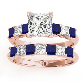 Princess cut Diamond & Blue Sapphire Bridal Set 14k Rose Gold 1.30ct