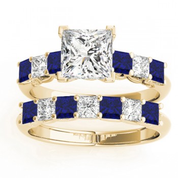 Princess cut Diamond & Blue Sapphire Bridal Set 14k Yellow Gold 1.30ct