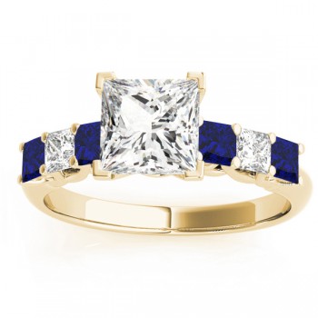 Princess cut Diamond & Blue Sapphire Bridal Set 14k Yellow Gold 1.30ct