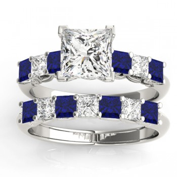 Princess cut Diamond & Blue Sapphire Bridal Set 18k White Gold 1.30ct