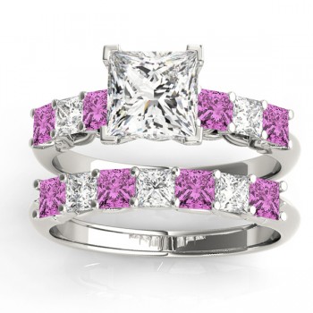 Princess cut Diamond & Pink Sapphire Bridal Set 14k White Gold 1.30ct