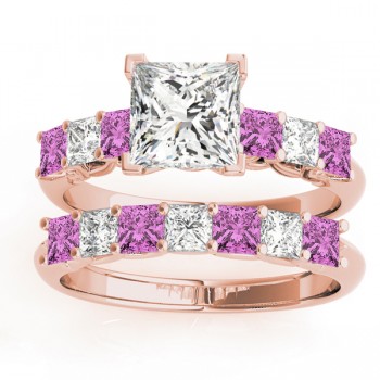 Princess cut Diamond & Pink Sapphire Bridal Set 18k Rose Gold 1.30ct