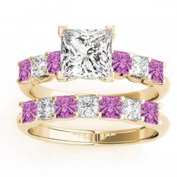 Princess cut Diamond & Pink Sapphire Bridal Set 18k Yellow Gold 1.30ct