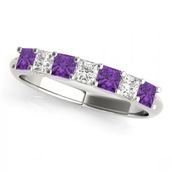 Diamond & Amethyst Princess Wedding Band Ring 14k White Gold 0.70ct