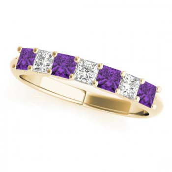 Diamond & Amethyst Princess Wedding Band Ring 18k Yellow Gold 0.70ct