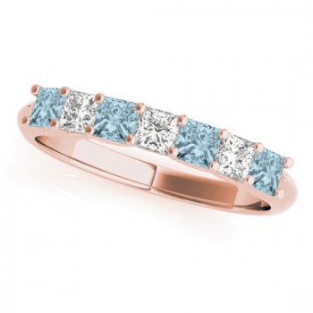 Diamond & Aquamarine Princess Wedding Band Ring 14k Rose Gold 0.70ct