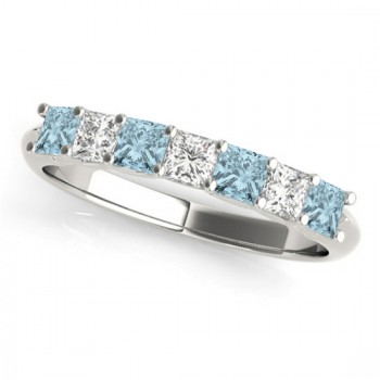 Diamond & Aquamarine Princess Wedding Band Ring 14k White Gold 0.70ct