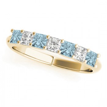 Diamond & Aquamarine Princess Wedding Band Ring 18k Yellow Gold 0.70ct