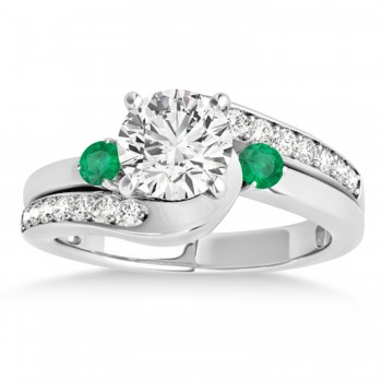 Swirl Design Emerald & Diamond Engagement Ring Setting 14k White Gold 0.38ct