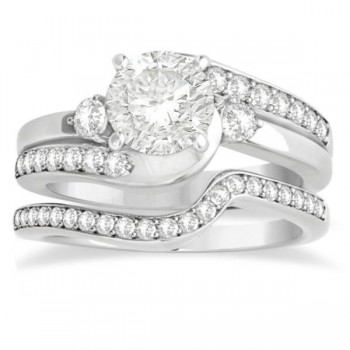 Diamond Swirl Engagement Ring & Band Bridal Set 14k White Gold 0.58ct
