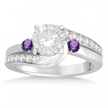Amethyst & Diamond Swirl Engagement Ring & Band Bridal Set 14k White Gold 0.58ct