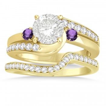 Amethyst & Diamond Swirl Engagement Ring & Band Bridal Set 14k Yellow Gold 0.58ct