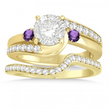 Amethyst & Diamond Swirl Engagement Ring & Band Bridal Set 18k Yellow Gold 0.58ct