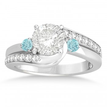 Aquamarine & Diamond Swirl Engagement Ring & Band Bridal Set 18k White Gold 0.58ct