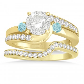 Aquamarine & Diamond Swirl Engagement Ring & Band Bridal Set 18k Yellow Gold 0.58ct