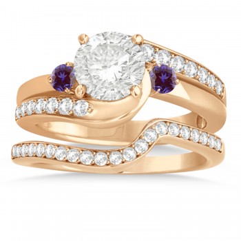 Lab Alexandrite & Diamond Swirl Engagement Ring & Band Bridal Set 14k Rose Gold 0.58ct