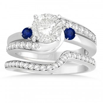 Blue Sapphire & Diamond Swirl Engagement Ring & Band Bridal Set 14k White Gold 0.58ct