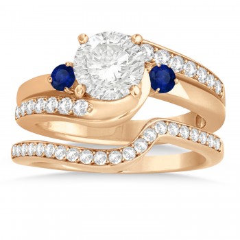 Blue Sapphire & Diamond Swirl Engagement Ring & Band Bridal Set 18k Rose Gold 0.58ct