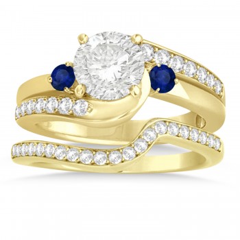 Blue Sapphire & Diamond Swirl Engagement Ring & Band Bridal Set 18k Yellow Gold 0.58ct