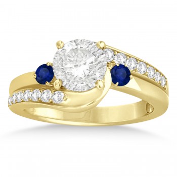 Blue Sapphire & Diamond Swirl Engagement Ring & Band Bridal Set 18k Yellow Gold 0.58ct
