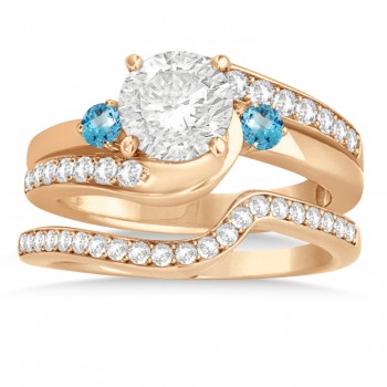 Blue Topaz & Diamond Swirl Engagement Ring & Band Bridal Set 14k Rose Gold 0.58ct