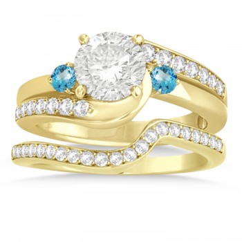 Blue Topaz & Diamond Swirl Engagement Ring & Band Bridal Set 18k Yellow Gold 0.58ct