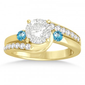Blue Topaz & Diamond Swirl Engagement Ring & Band Bridal Set 18k Yellow Gold 0.58ct