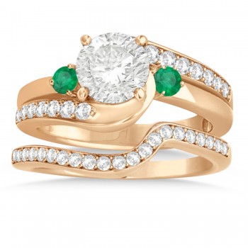 Emerald & Diamond Swirl Engagement Ring & Band Bridal Set 14k Rose Gold 0.58ct