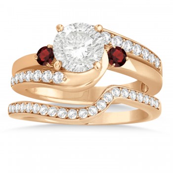 Garnet & Diamond Swirl Engagement Ring & Band Bridal Set 14k Rose Gold 0.58ct