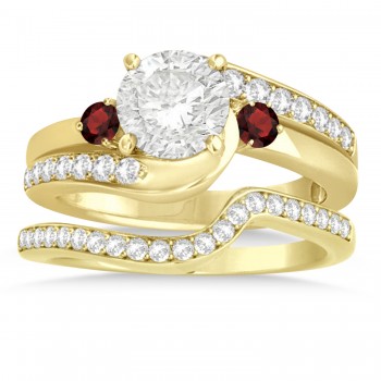 Garnet & Diamond Swirl Engagement Ring & Band Bridal Set 14k Yellow Gold 0.58ct