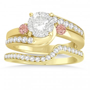 Morganite & Diamond Swirl Engagement Ring & Band Bridal Set 14k Yellow Gold 0.58ct
