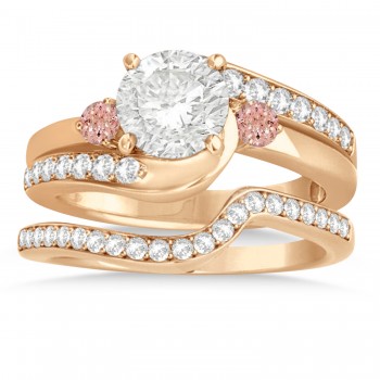 Morganite & Diamond Swirl Engagement Ring & Band Bridal Set 18k Rose Gold 0.58ct