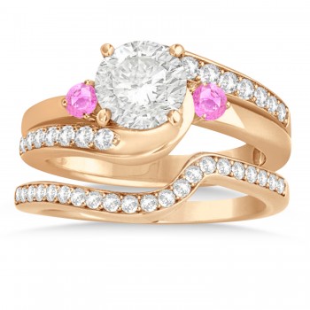 Pink Sapphire & Diamond Swirl Engagement Ring & Band Bridal Set 14k Rose Gold 0.58ct