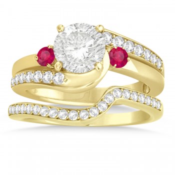 Ruby & Diamond Swirl Engagement Ring & Band Bridal Set 18k Yellow Gold 0.58ct