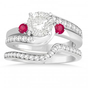 Ruby & Diamond Swirl Engagement Ring & Band Bridal Set Palladium 0.58ct