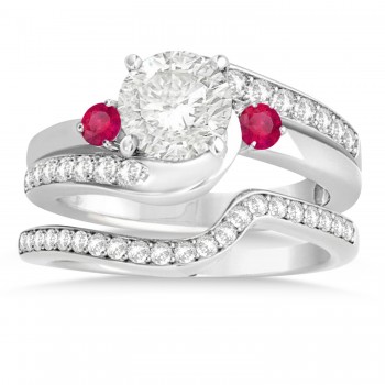 Ruby & Diamond Swirl Engagement Ring & Band Bridal Set Platinum 0.58ct