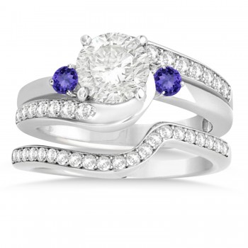 Tanzanite & Diamond Swirl Engagement Ring & Band Bridal Set 18k White Gold 0.58ct