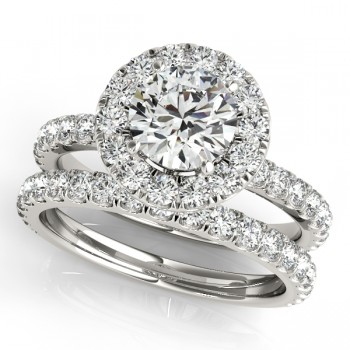 French Pave Halo Diamond Bridal Ring Set 14k White Gold (1.45ct)