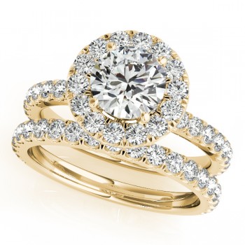 French Pave Halo Diamond Bridal Ring Set 14k Yellow Gold (1.45ct)