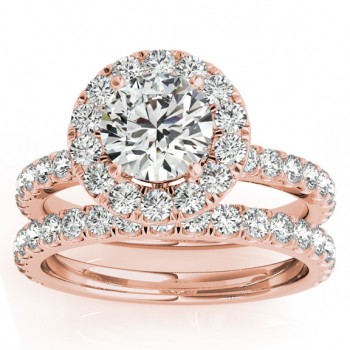 French Pave Halo Diamond Bridal Ring Set 14k Rose Gold (1.20ct)
