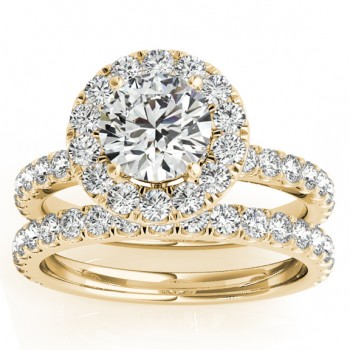 French Pave Halo Diamond Bridal Ring Set 14k Yellow Gold (1.20ct)